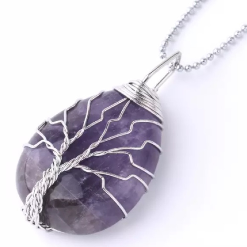 Tree of Life Necklace Natural Stone Wrap Amethyst